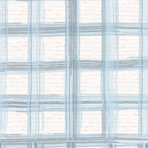 Hand drawn 1” inch wide watercolour gingham pattern – painted geometric brush strokes on a warm cream watercolour paper texture. Beige and ecru with thermal blue and baby blue.