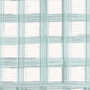 Hand drawn 1” inch wide watercolour gingham pattern – painted geometric brush strokes on a warm cream watercolour paper texture. Beige and ecru with renew blue and cyan celadon.