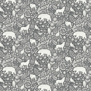 Woodland Forest Night - wolf, bear, fox, owl, rabbit, squirrel, crow, moth, snake - wildflowers - chantilly lace and wrought iron - small