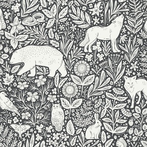 Woodland Forest Night - wolf, bear, fox, owl, rabbit, squirrel, crow, moth, snake - wildflowers - chantilly lace and wrought iron - medium