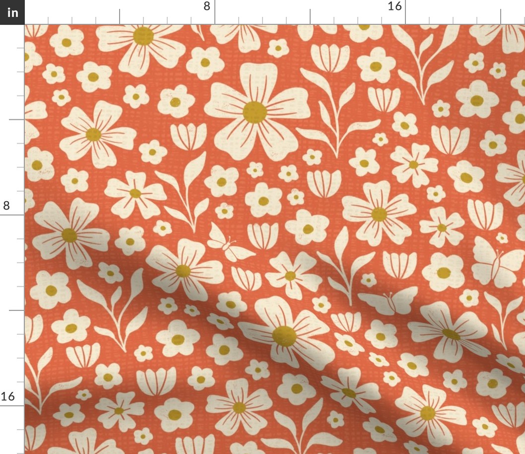 Cream florals on vermilion red LARGE