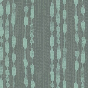 Textured minimalistic  shapes of rounded beads in vertical stripes, light aqua turquoise on olive gray structured background