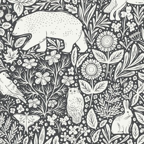 Woodland Forest Night - wolf, bear, fox, owl, rabbit, squirrel, crow, moth, snake - wildflowers - chantilly lace and wrought iron - large