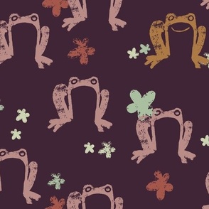 Cute Painted Frogs and Flowers in Soft Pink on a Rich Brown Background (Large) B2400801G