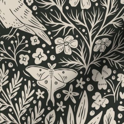   Woodland Forest Night - wolf, bear, fox, owl, rabbit, squirrel, crow, moth, snake - wildflowers - dark charcoal black and cream - large