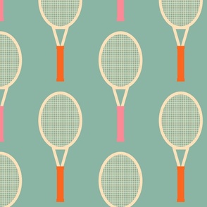 Soft-vintage-pink-and-retro-orange-tennis-rackets-on-plain-soft-retro-blue-XL-jumbo