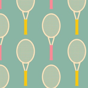 Soft-vintage-pink-and-retro-yellow-tennis-rackets-on-plain-soft-retro-blue-XL-jumbo