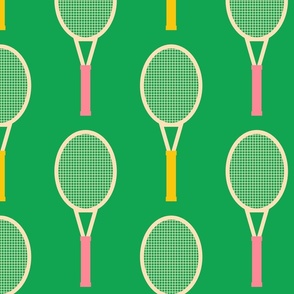 Bold-vintage-yellow-and-retro-pink-tennis-rackets-on-plain-bold-green-XL-jumbo
