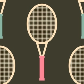 Soft-vintage-blue-and-retro-pink-tennis-rackets-on-plain-dark-retro-grey-XL-jumbo