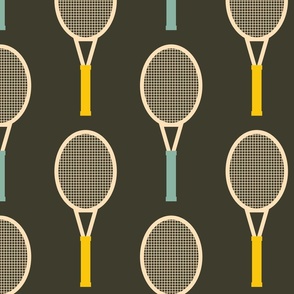 Soft-vintage-blue-and-retro-yellow-tennis-rackets-on-plain-dark-retro-grey-XL-jumbo