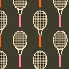 Bold-vintage-orange-and-retro-pink-tennis-rackets-on-plain-dark-retro-grey-XL-jumbo
