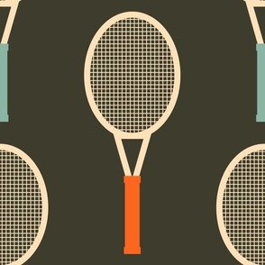 Bold-vintage-orange-and-retro-blue-tennis-rackets-on-plain-dark-grey-XL-jumbo