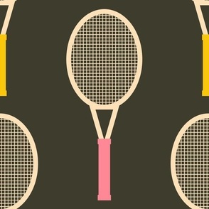 Bold-vintage-yellow-and-retro-pink-tennis-rackets-on-plain-dark-retro-grey-XL-jumbo