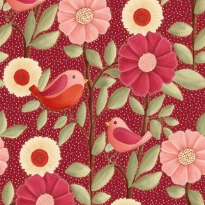 Red, pink and cream stylized flowers, cute whimsical birds and leaves on a polka dot bakcground