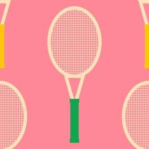 Bold-vintage-yellow-and-retro-green-tennis-rackets-on-plain-soft-pink-XL-jumbo