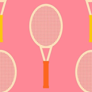 Bold-vintage-yellow-and-retro-orange-tennis-rackets-on-plain-soft-pink-XL-jumbo