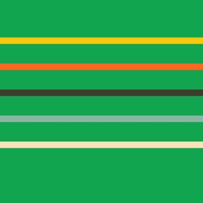 Horizontal-thin-lines-in-retro-yellow-beige-orange-blue-grey-on-green-XL-jumbo