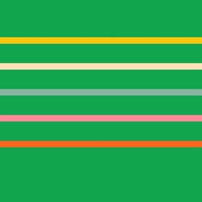 Horizontal-thin-lines-in-retro-yellow-beige-orange-blue-pink--on-green-XL-jumbo