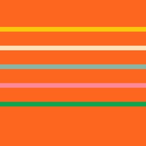 Horizontal-thin-lines-in-retro-yellow-beige-green-blue-pink--on-orange-XL-jumbo