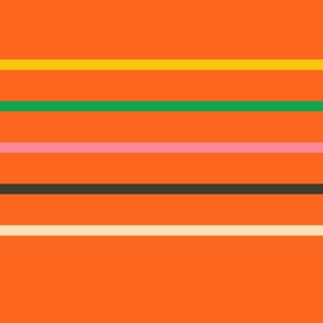 Horizontal-thin-lines-in-retro-yellow-beige-green-pink-grey-on-orange-XL-jumbo