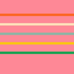 Horizontal-thin-lines-in-retro-orange-beige-green-blue-yellow-on-pink-XL-jumbo