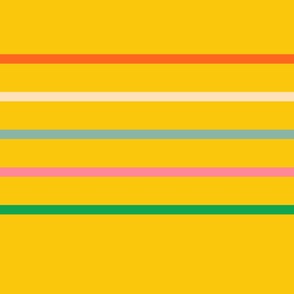 Horizontal-thin-lines-in-retro-orange-beige-green-blue-pink--on-yellow-XL-jumbo