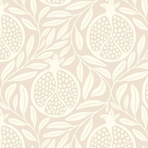 Block Print Pomegranates with Leaves - Almond and Cream - Medium Scale - Traditional Botanical with a Modern Flair