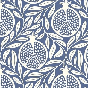 Block Print Pomegranates with Leaves - Blue Nova and Cream - Medium Scale - Traditional Botanical with a Modern Flair