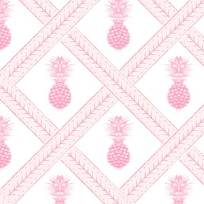Pineapple Trellis in Pink | Green Ribbon in a Lattice Pattern Adorned with Pineapples