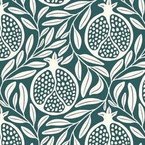 Block Print Pomegranates with Leaves - Forest Green and Cream - Medium Scale - Traditional Botanical with a Modern Flair