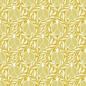 Block Print Pomegranates with Leaves - Gold and Cream - Medium Scale - Traditional Botanical with a Modern Flair