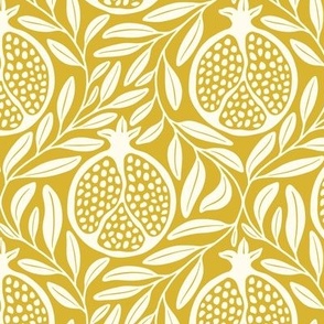 Block Print Pomegranates with Leaves - Gold and Cream - Medium Scale - Traditional Botanical with a Modern Flair