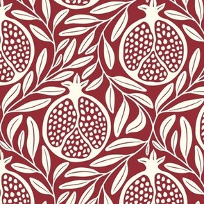 Block Print Pomegranates with Leaves - Merlot Red and Cream - Medium Scale - Traditional Botanical with a Modern Flair