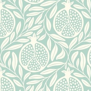 Block Print Pomegranates with Leaves - Mint Green and Cream - Medium Scale - Traditional Botanical with a Modern Flair