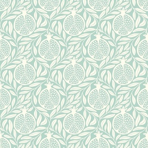 Block Print Pomegranates with Leaves - Mint Green and Cream - Medium Scale - Traditional Botanical with a Modern Flair