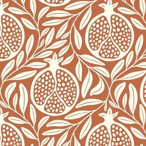 Block Print Pomegranates with Leaves - Rust Orange and Cream - Medium Scale - Traditional Botanical with a Modern Flair