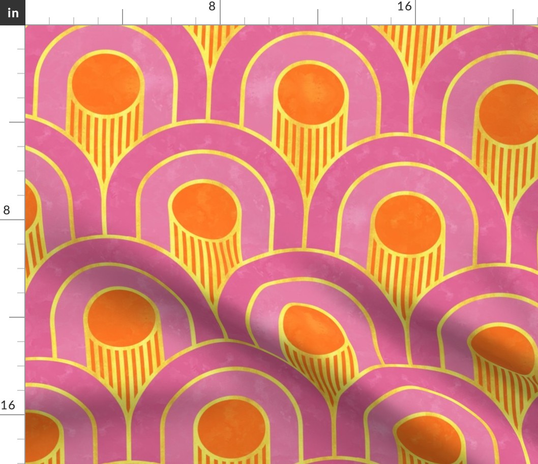 Retro Rainbow Arch Pattern Geo in Pink Orange and Gold Texture Medium