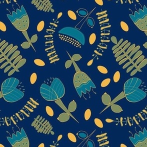 M. Hand drawn whimsical floral and ferns on deep Indigo blue, 6.7 inch repeat