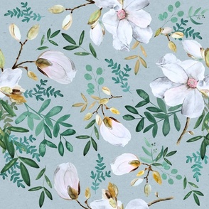 Large White Flowers on Teal / Watercolor Eucalyptus