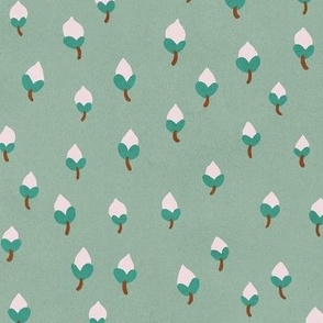 MEDIUM Softly Textured Cute Modern Hand-Drawn Ditsy Magnolia Spring Buds on a Light Pastel Celadon Green background