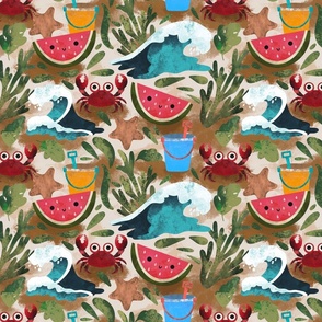 Cute Summer Vacation Beach Day Sand And Waves Pattern With Watermelon, Crabs, Buckets And Starfish 