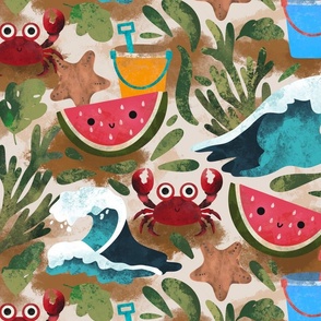 (Large Scale) Cute Summer Vacation Beach Day Sand And Waves Pattern With Watermelon, Crabs, Buckets And Starfish 