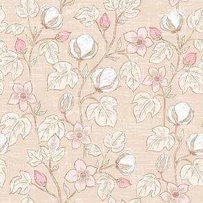 Large, Pink Flowering Cotton Plants with Linen Texture, Cream