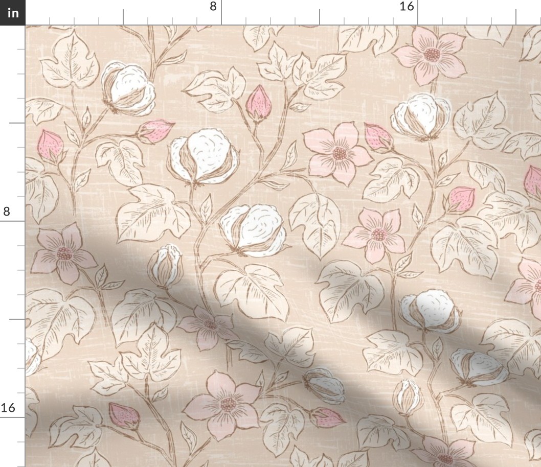 Large, Pink Flowering Cotton Plants with Linen Texture, Cream