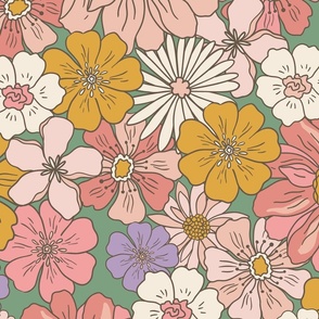 Jumbo Retro Flowers – 1960s and 1970's Floral, peach pink orange on vintage green (32" repeat- flw5)