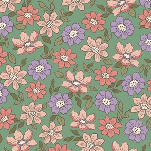 Retro Flowers – 1960s and 1970's Floral, peach pink orange on vintage green (32" repeat- flw15)