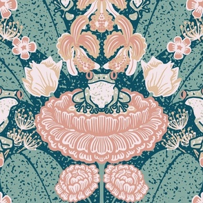 Frog Prince in the Flower Garden - Coral Pink and Midnight Green