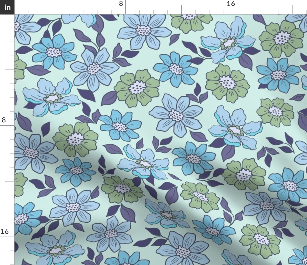 Retro Flowers – 1960s and 1970's Floral, blue green (32" repeat- flw15)