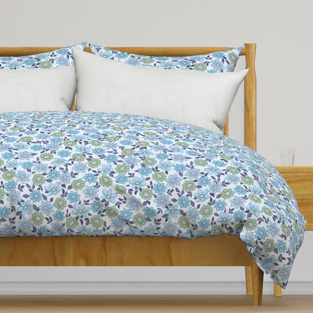 Retro Flowers – 1960s and 1970's Floral, blue green (24" repeat- flw15)