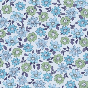 Retro Flowers – 1960s and 1970's Floral, blue green (24" repeat- flw15)